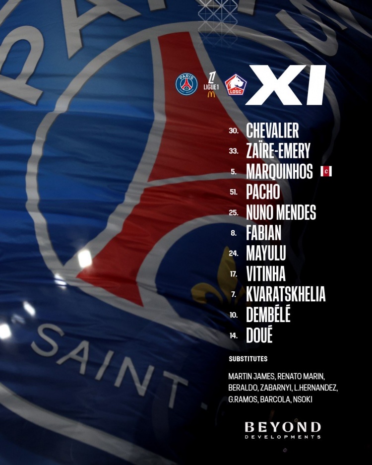 开云体育入口-巴黎VS里尔首发：登贝莱、维蒂尼亚领衔，杜埃、K77、门德斯出战